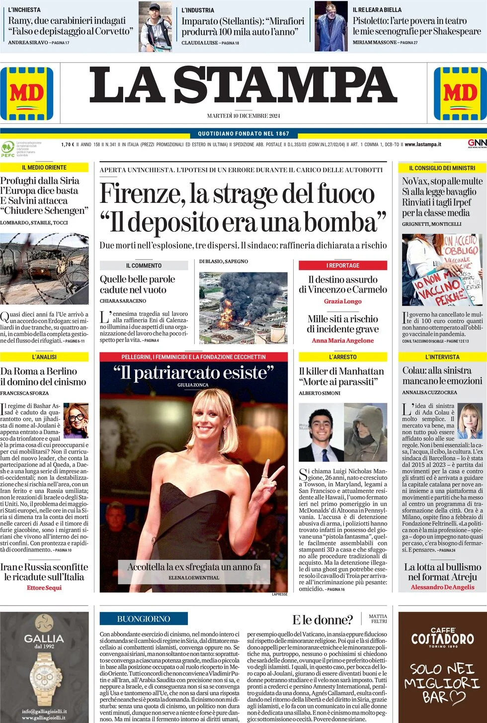 anteprima della prima pagina di la-stampa del 10/12/2024