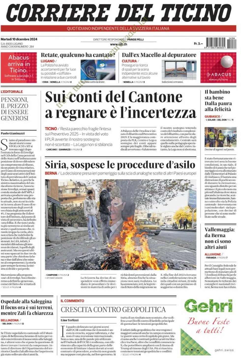anteprima della prima pagina di corriere-del-ticino del 10/12/2024