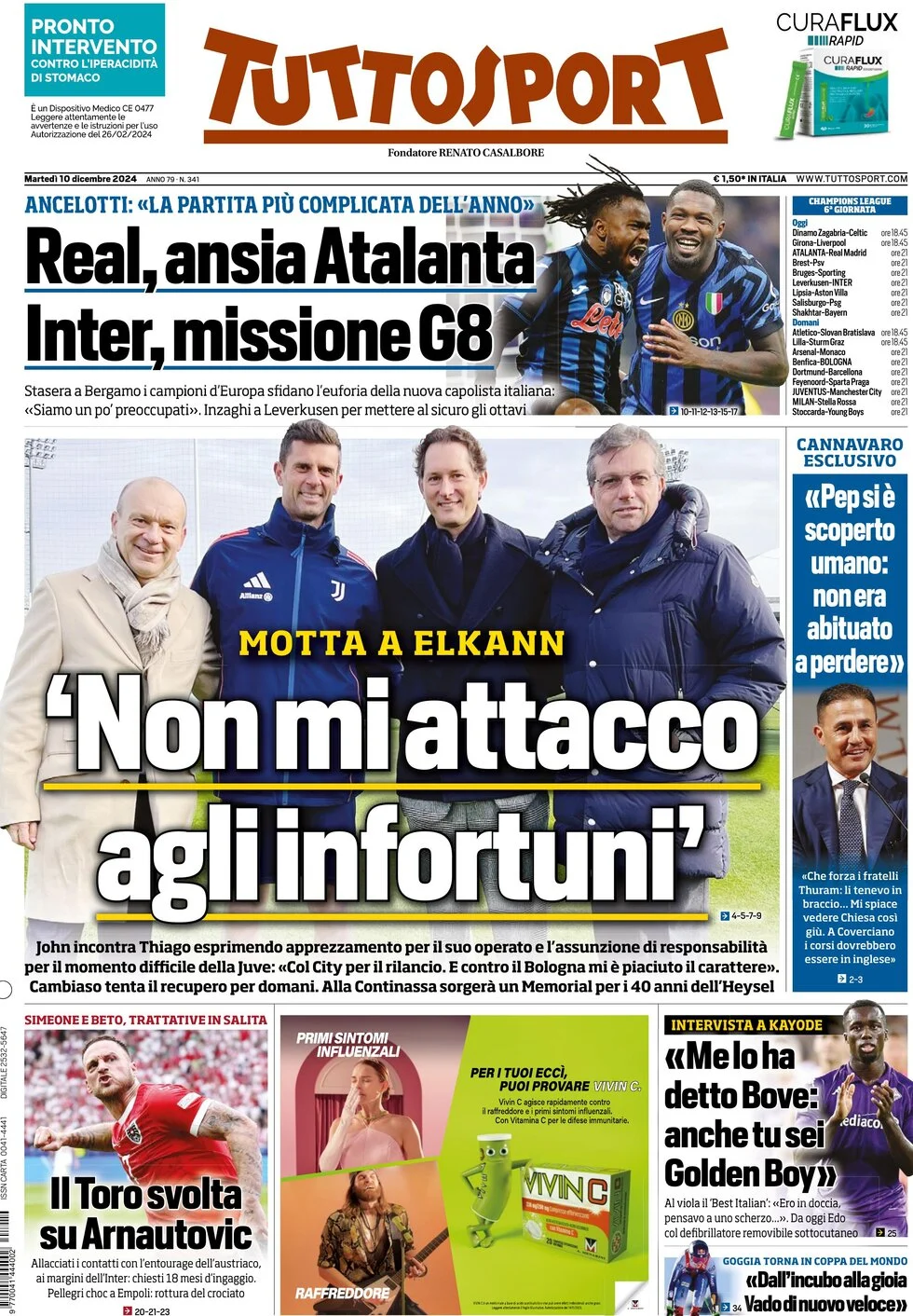 anteprima della prima pagina di tuttosport del 10/12/2024