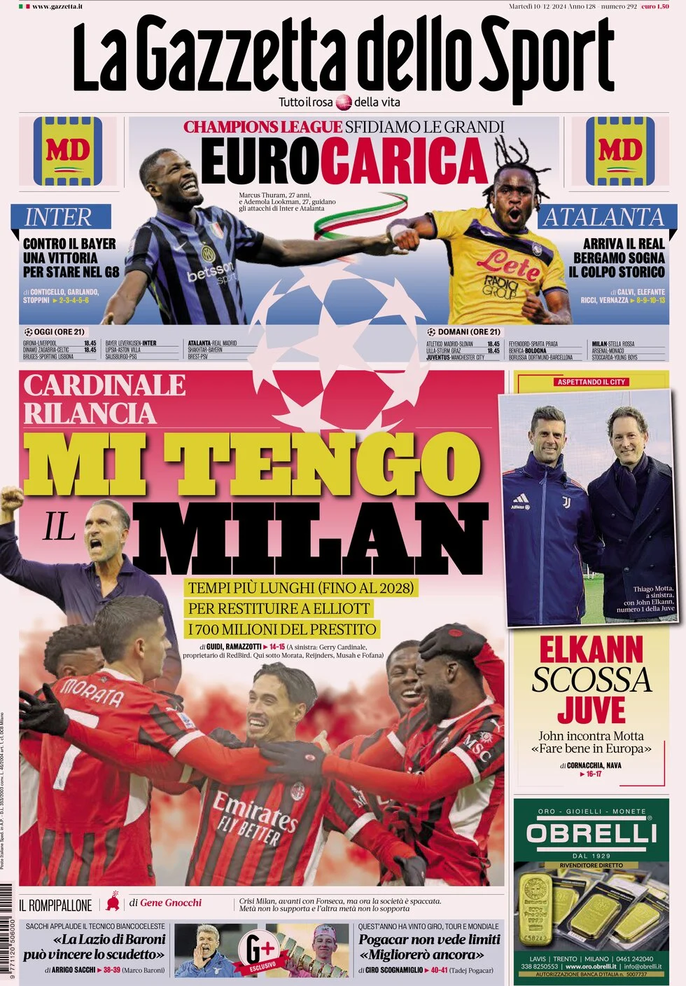 anteprima della prima pagina di la-gazzetta-dello-sport del 10/12/2024