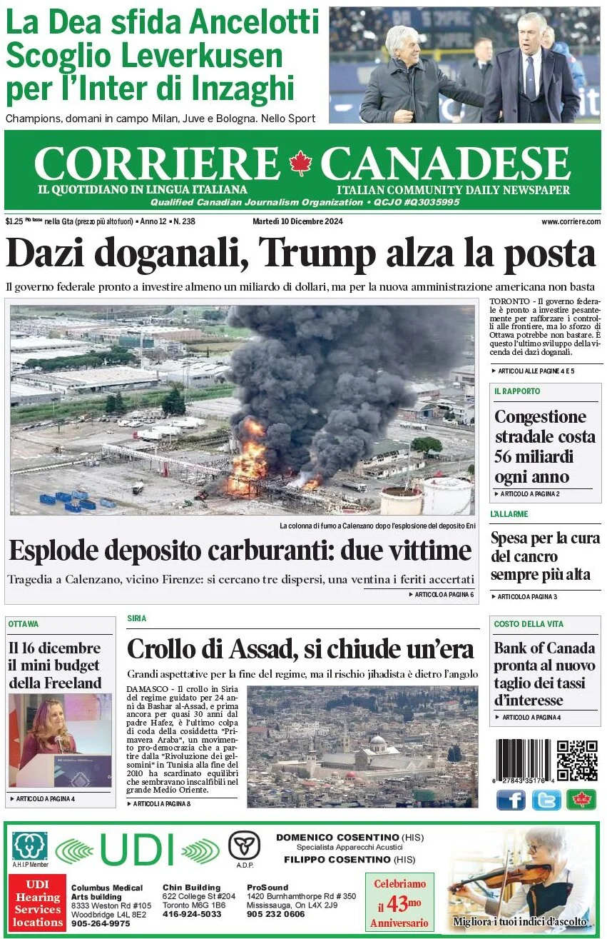 anteprima della prima pagina di corriere-canadese del 10/12/2024