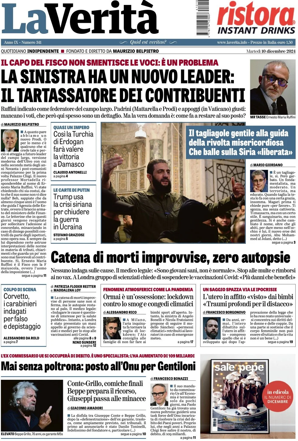 anteprima della prima pagina di la-verit del 10/12/2024