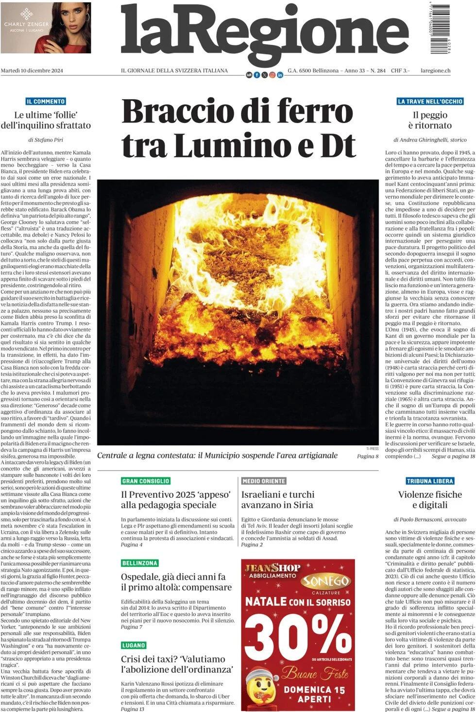 anteprima della prima pagina di la-regione del 10/12/2024