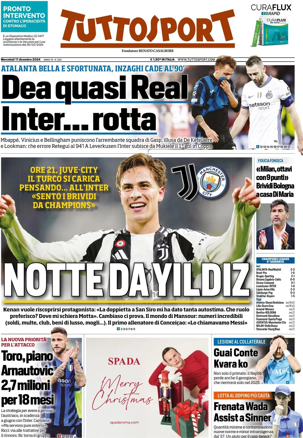 anteprima della prima pagina di tuttosport del 11/12/2024