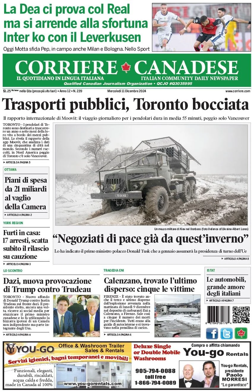 anteprima della prima pagina di corriere-canadese del 11/12/2024