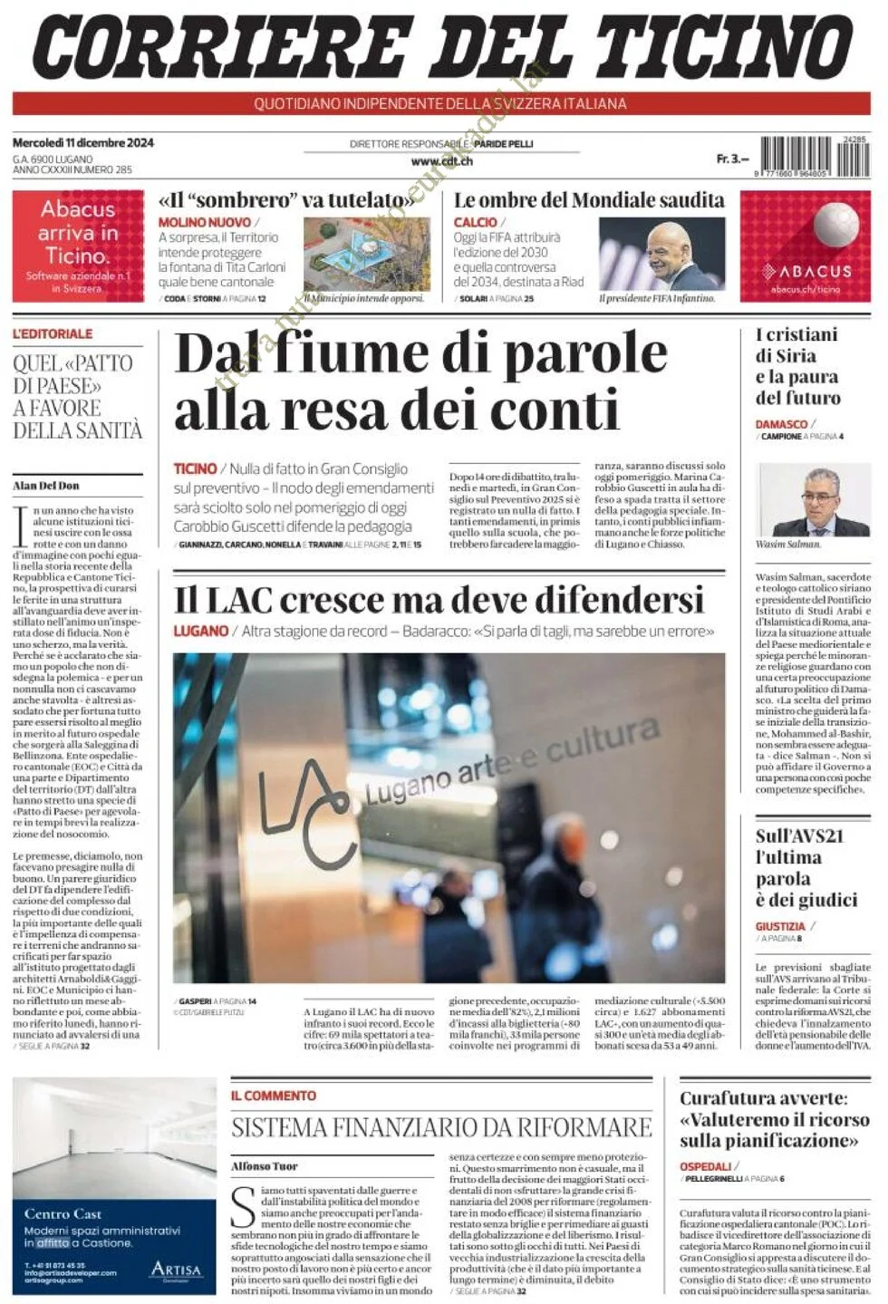 anteprima della prima pagina di corriere-del-ticino del 11/12/2024