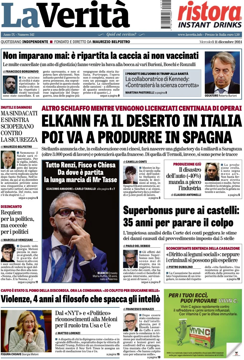anteprima della prima pagina di la-verit del 11/12/2024
