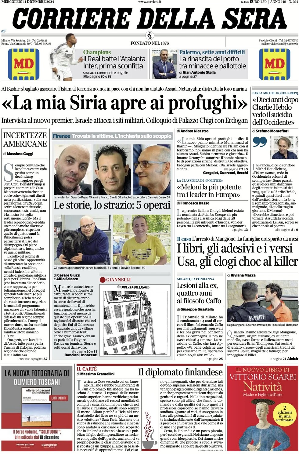 anteprima della prima pagina di corriere-della-sera del 11/12/2024