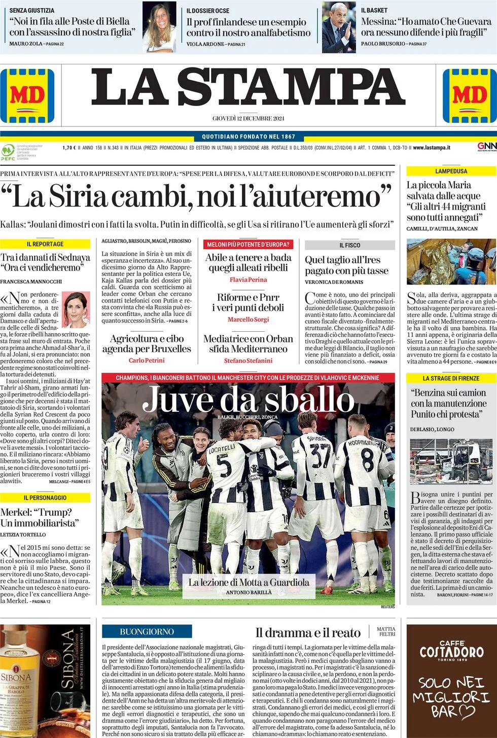 anteprima della prima pagina di la-stampa del 12/12/2024