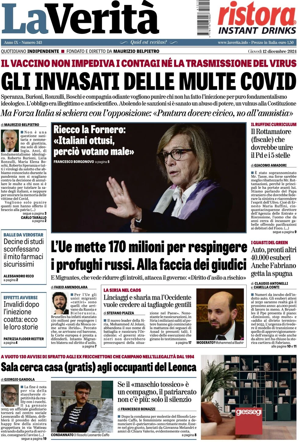 anteprima della prima pagina di la-verit del 12/12/2024
