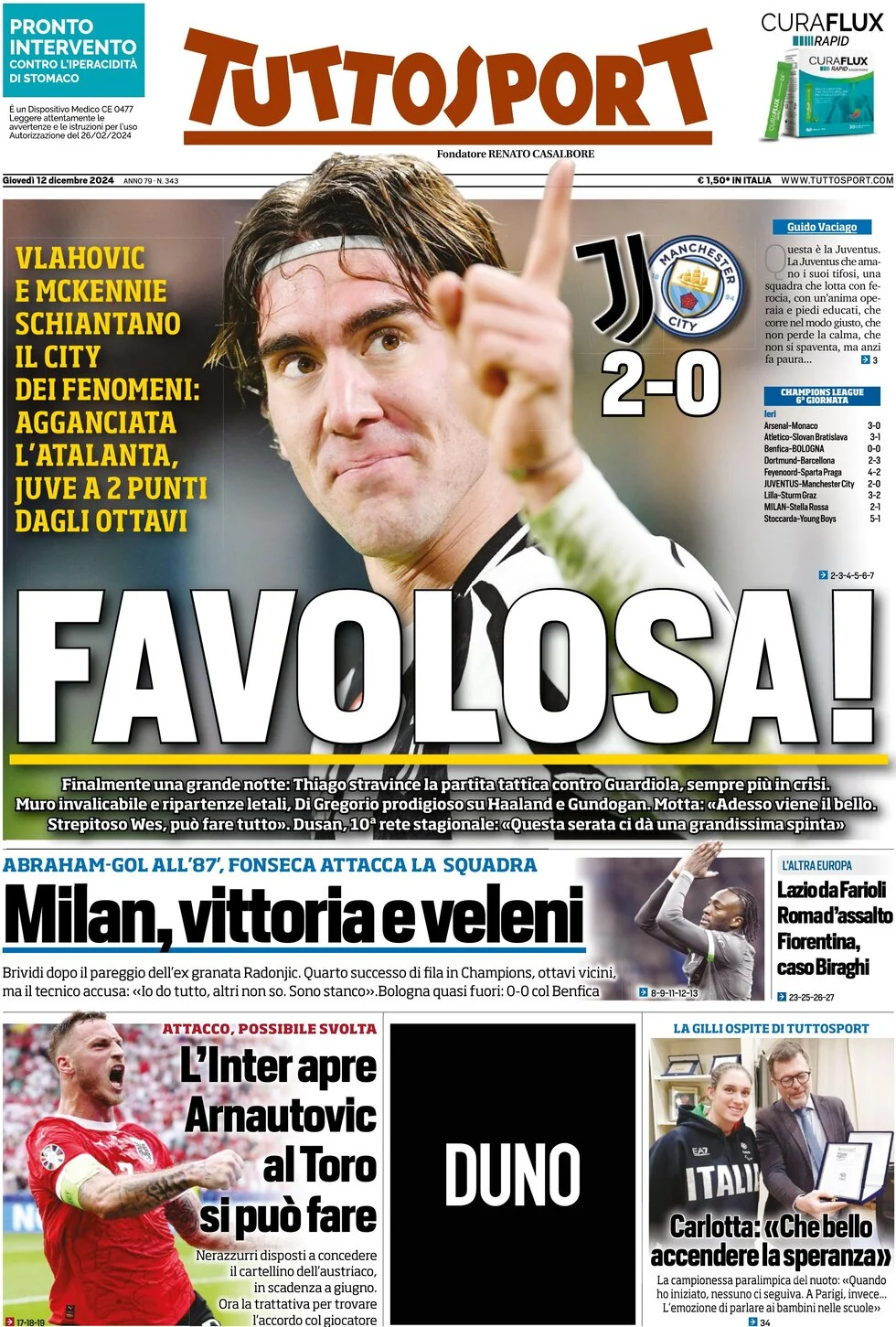 anteprima della prima pagina di tuttosport del 12/12/2024