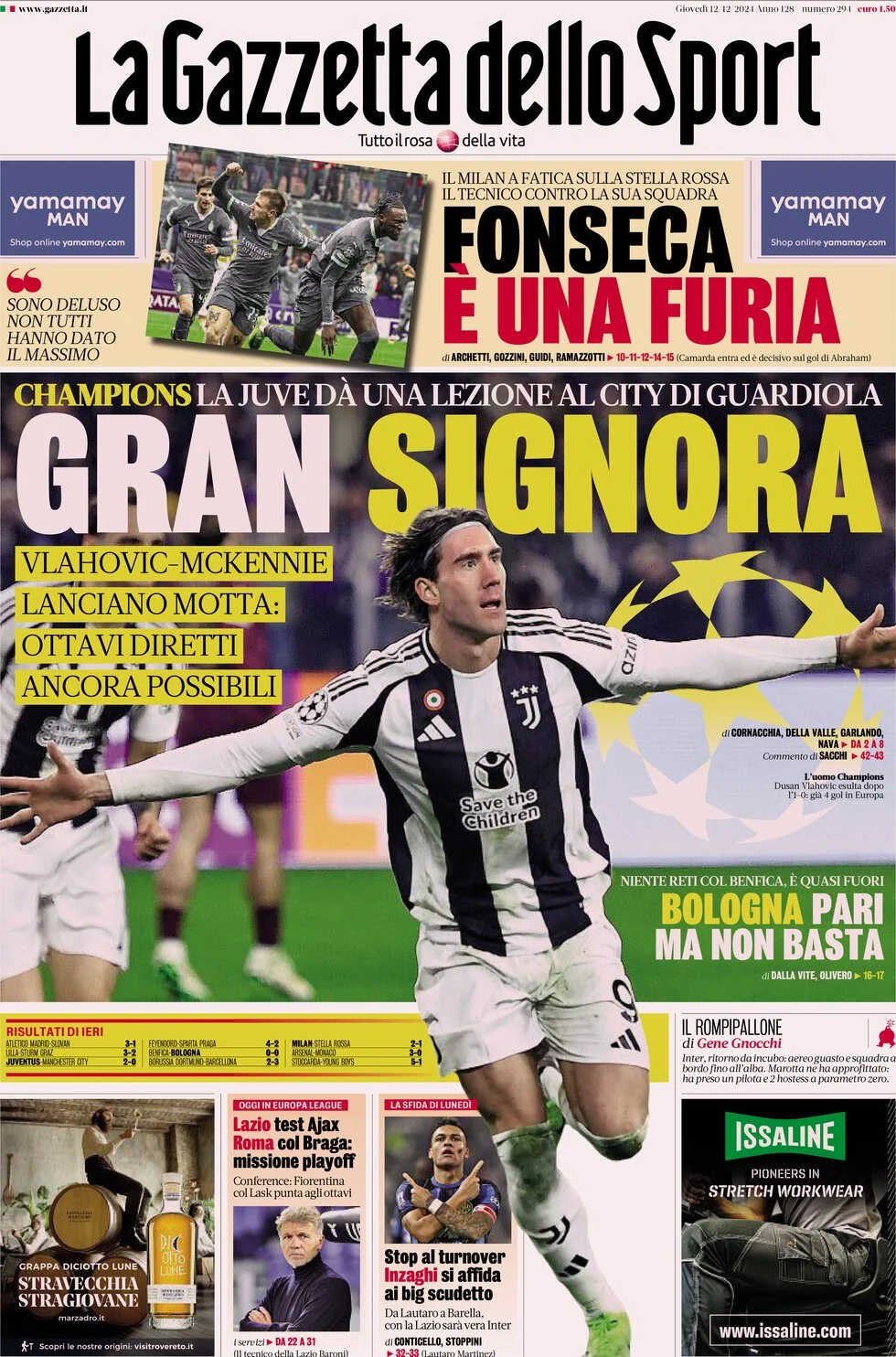 anteprima della prima pagina di la-gazzetta-dello-sport del 12/12/2024