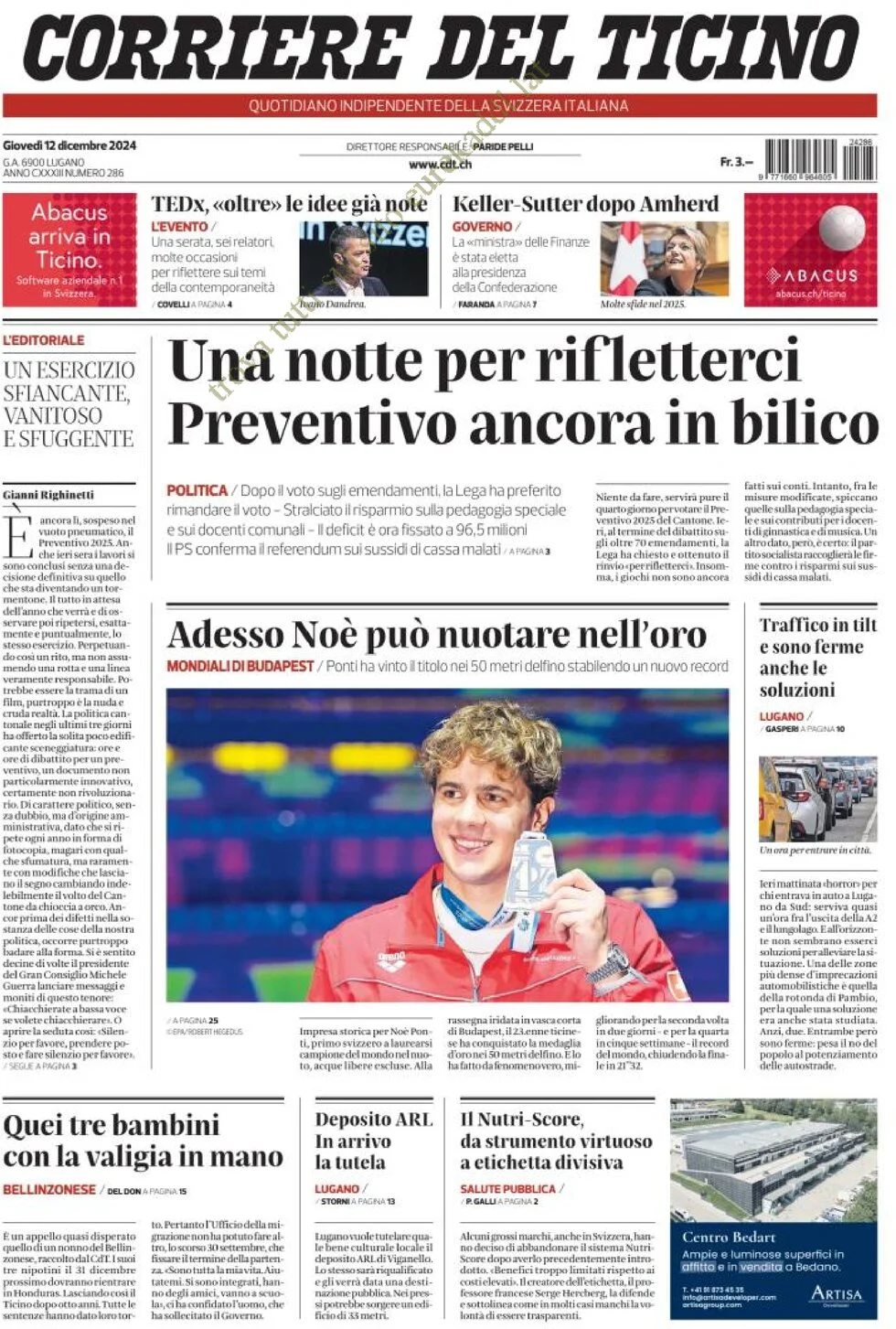 anteprima della prima pagina di corriere-del-ticino del 12/12/2024
