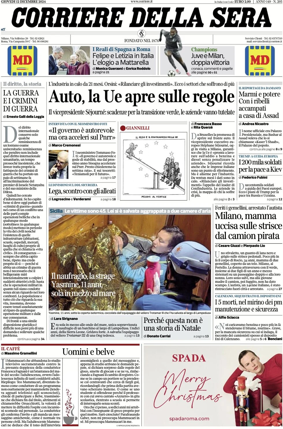 anteprima della prima pagina di corriere-della-sera del 12/12/2024