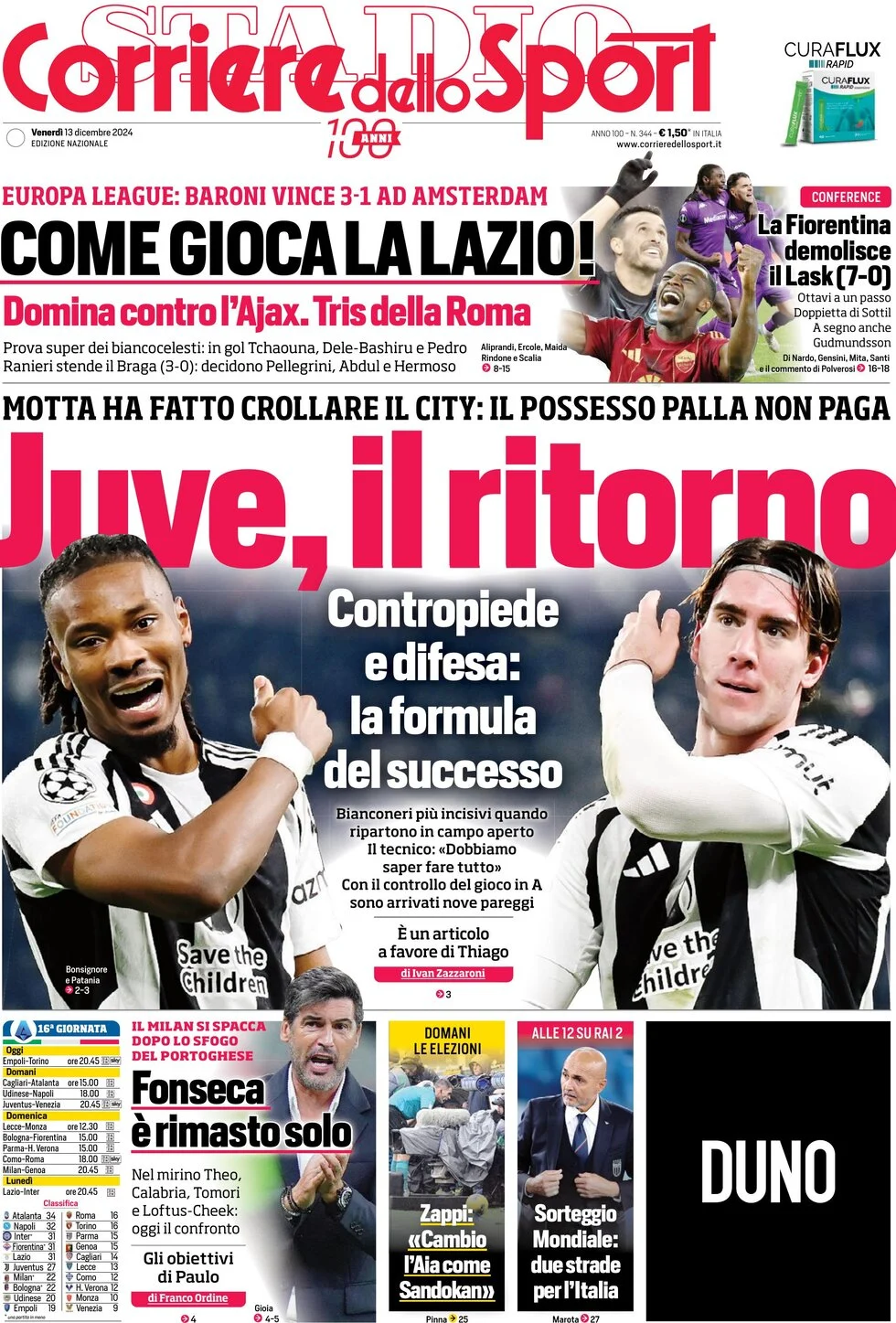 anteprima della prima pagina di corriere-dello-sport del 13/12/2024