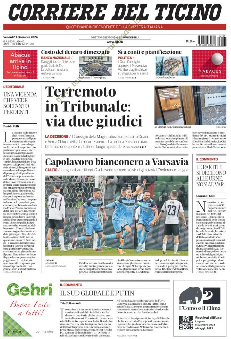 anteprima della prima pagina di corriere-del-ticino del 13/12/2024