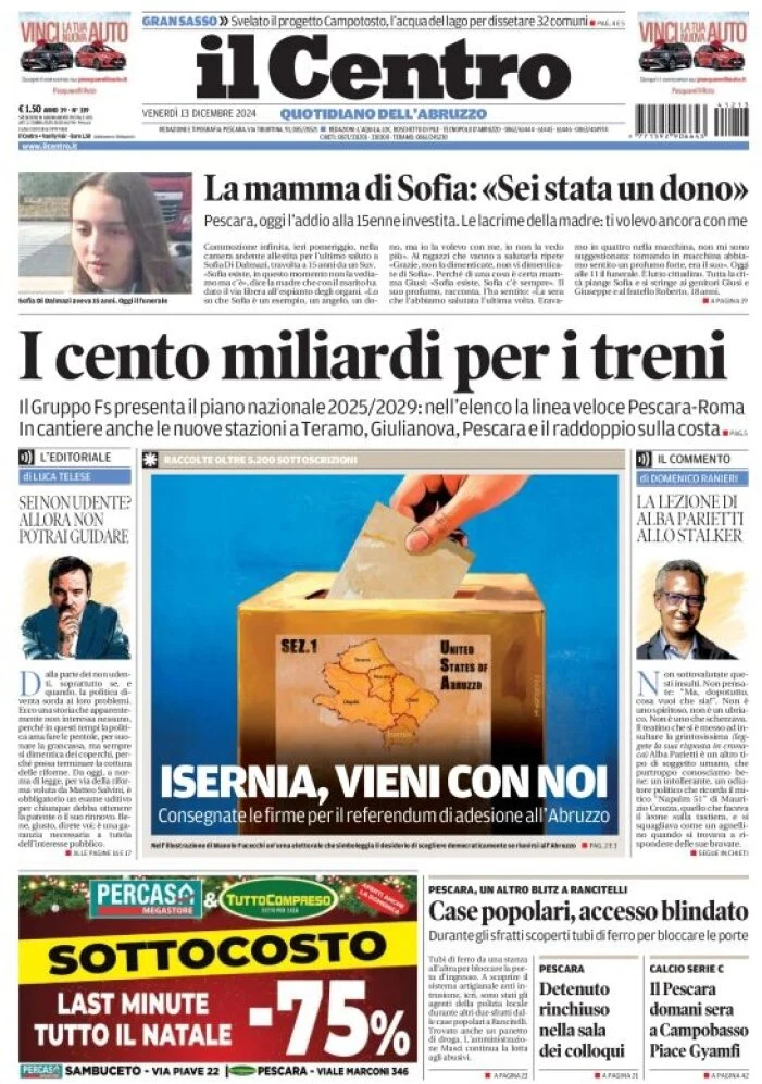 anteprima della prima pagina di il-centro-pescara del 13/12/2024
