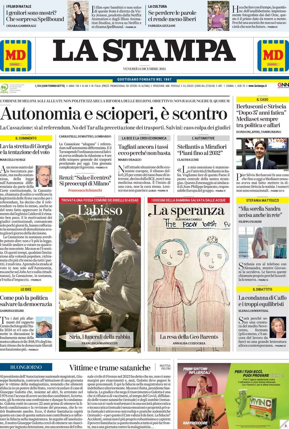 anteprima della prima pagina di la-stampa del 13/12/2024