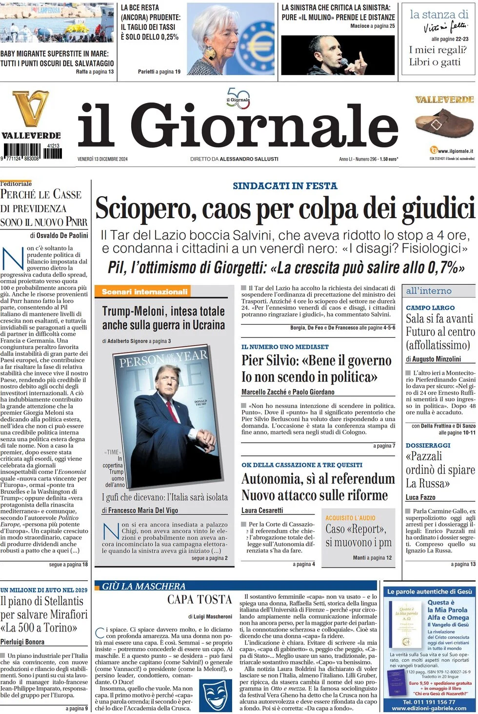 anteprima della prima pagina di il-giornale del 13/12/2024
