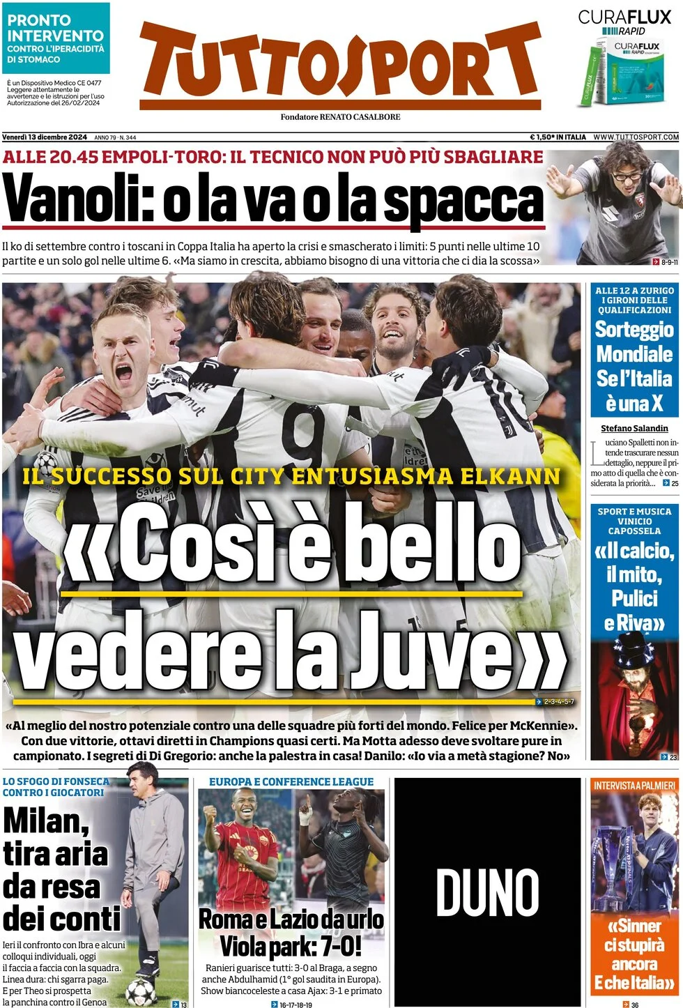 anteprima della prima pagina di tuttosport del 13/12/2024