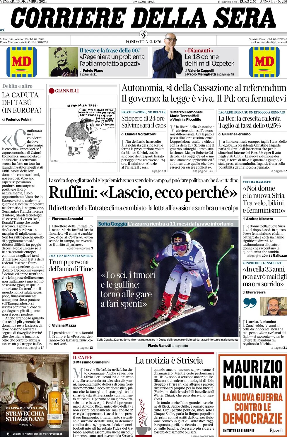 anteprima della prima pagina di corriere-della-sera del 13/12/2024
