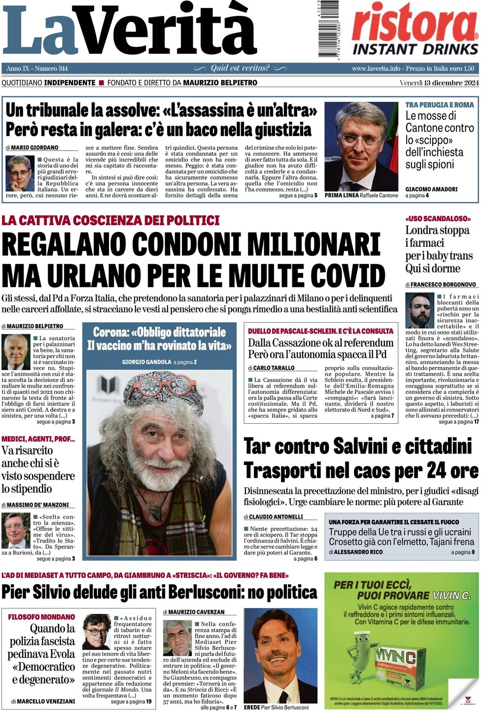 anteprima della prima pagina di la-verit del 13/12/2024