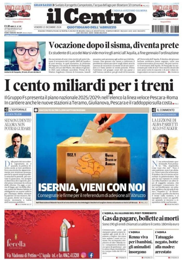 anteprima della prima pagina di il-centro-laquila del 13/12/2024