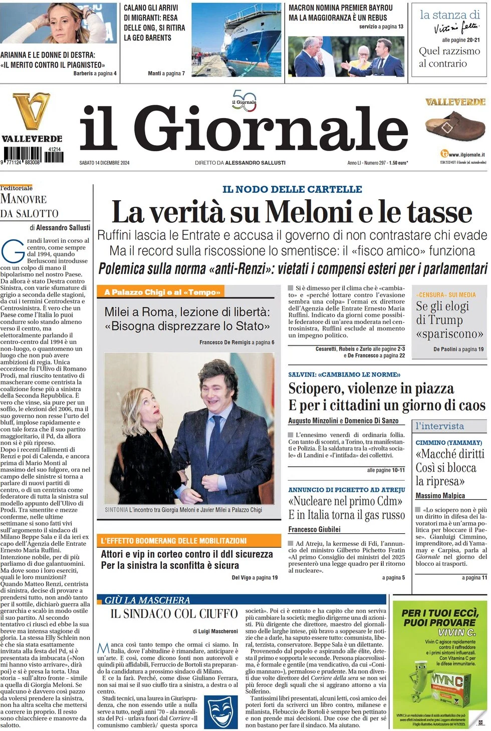 anteprima della prima pagina di il-giornale del 14/12/2024