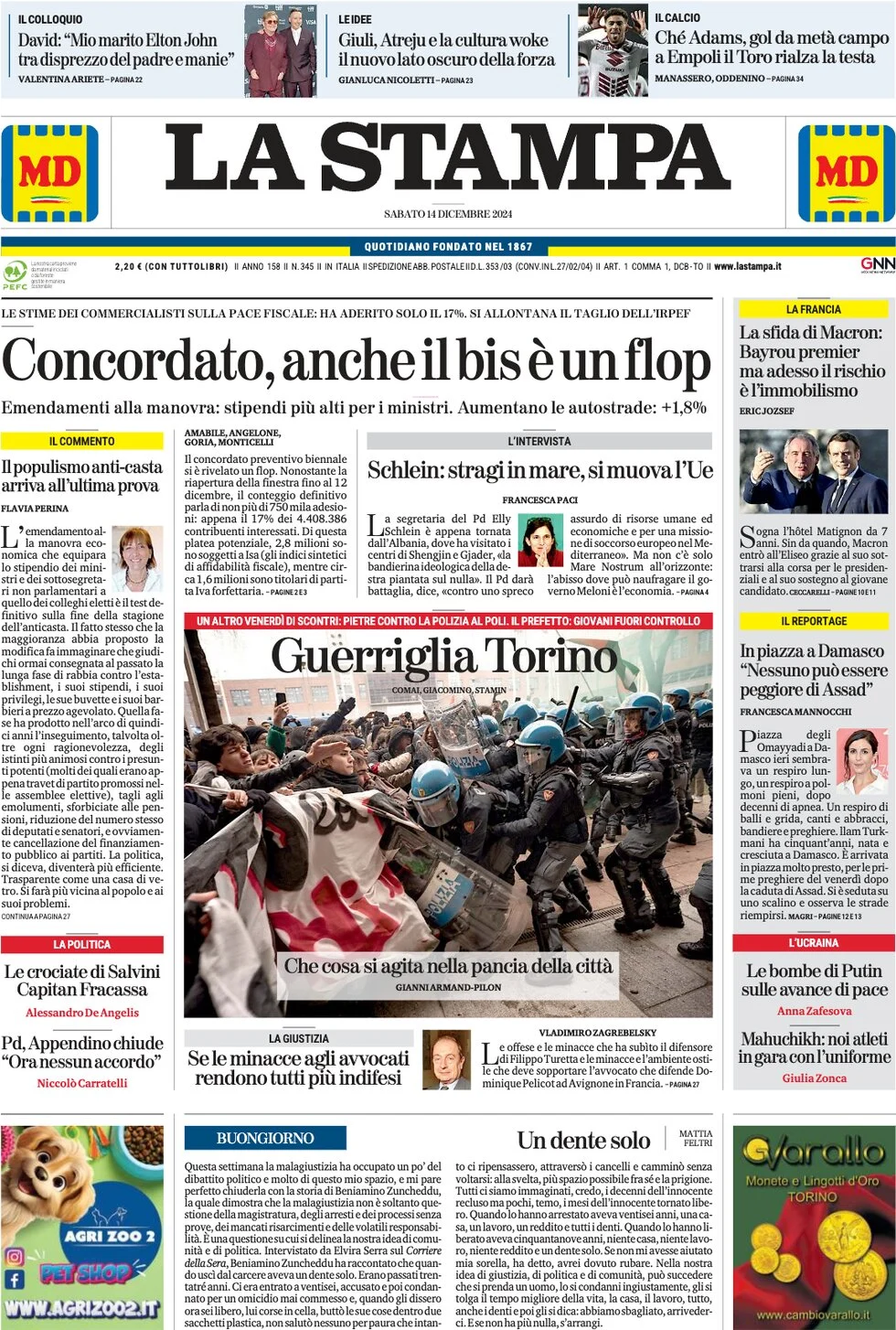 anteprima della prima pagina di la-stampa del 14/12/2024
