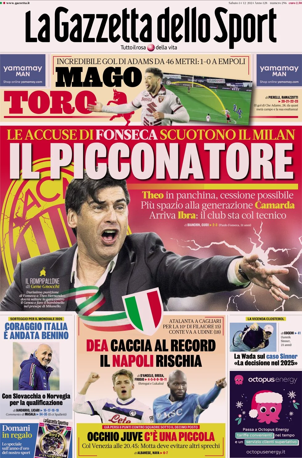 anteprima della prima pagina di la-gazzetta-dello-sport del 14/12/2024