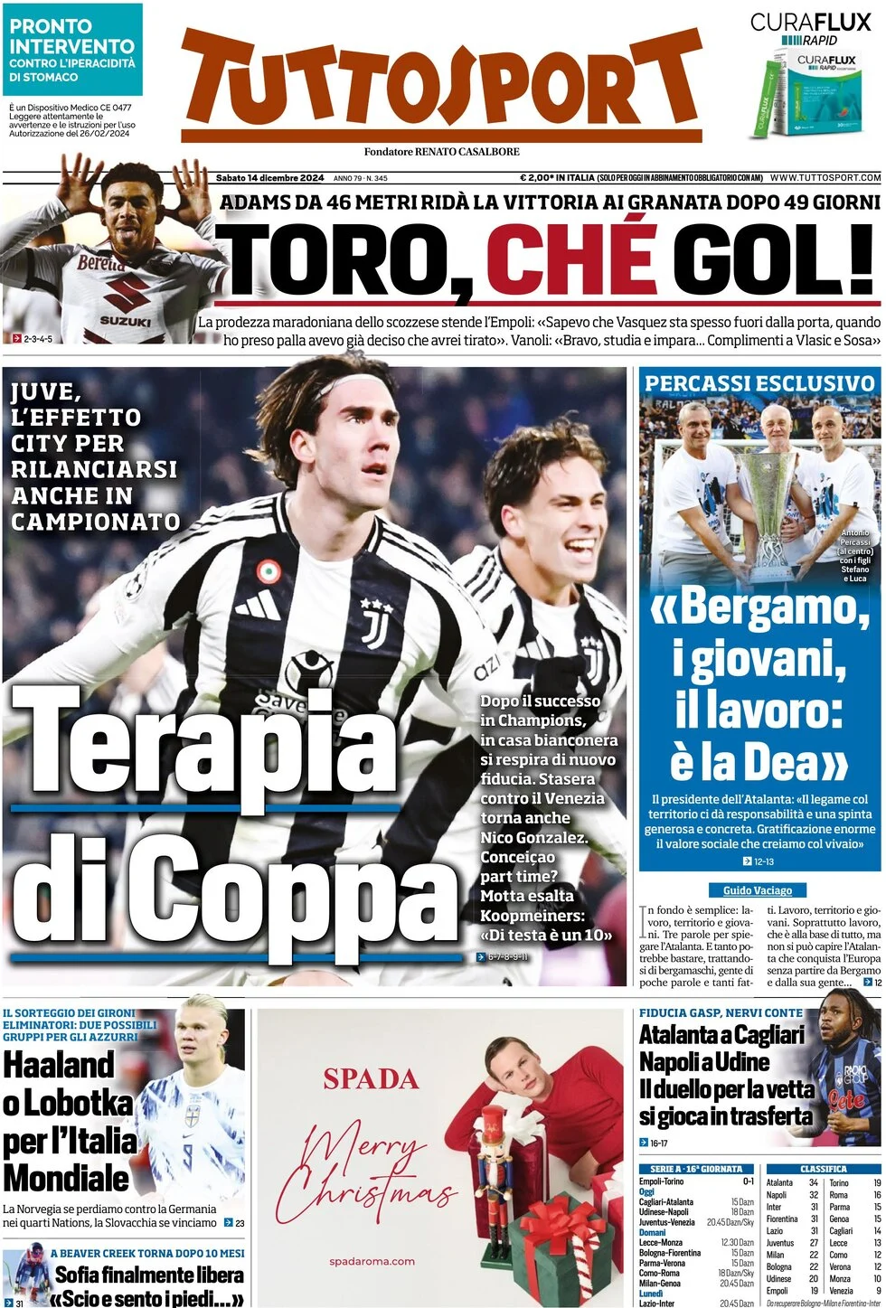 anteprima della prima pagina di tuttosport del 14/12/2024