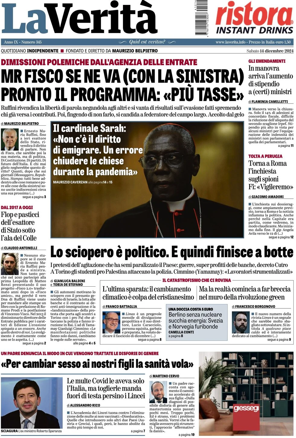 anteprima della prima pagina di la-verit del 14/12/2024
