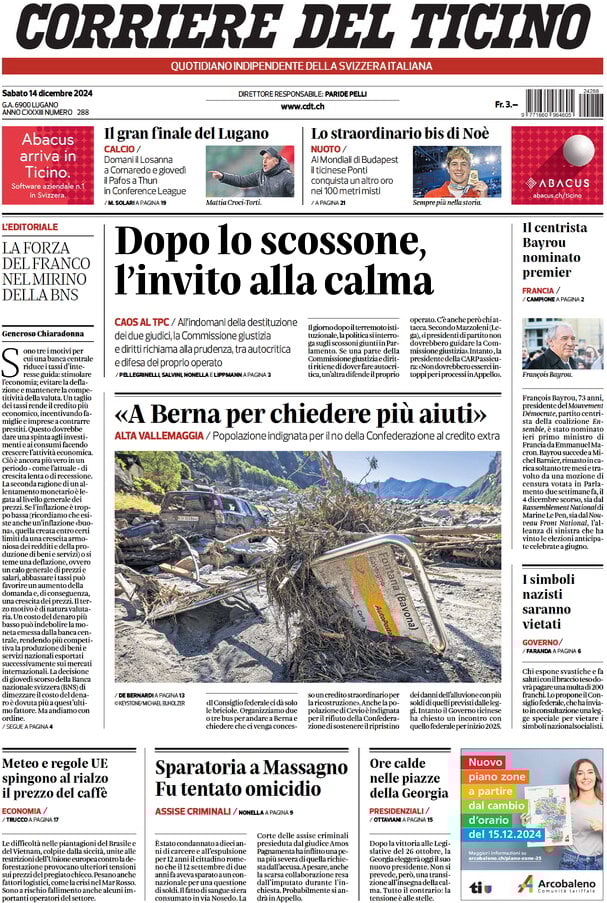 anteprima della prima pagina di corriere-del-ticino del 14/12/2024