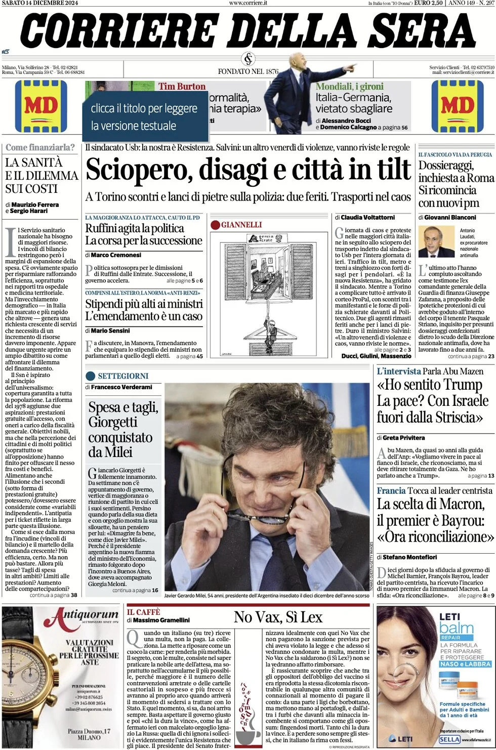 anteprima della prima pagina di corriere-della-sera del 14/12/2024