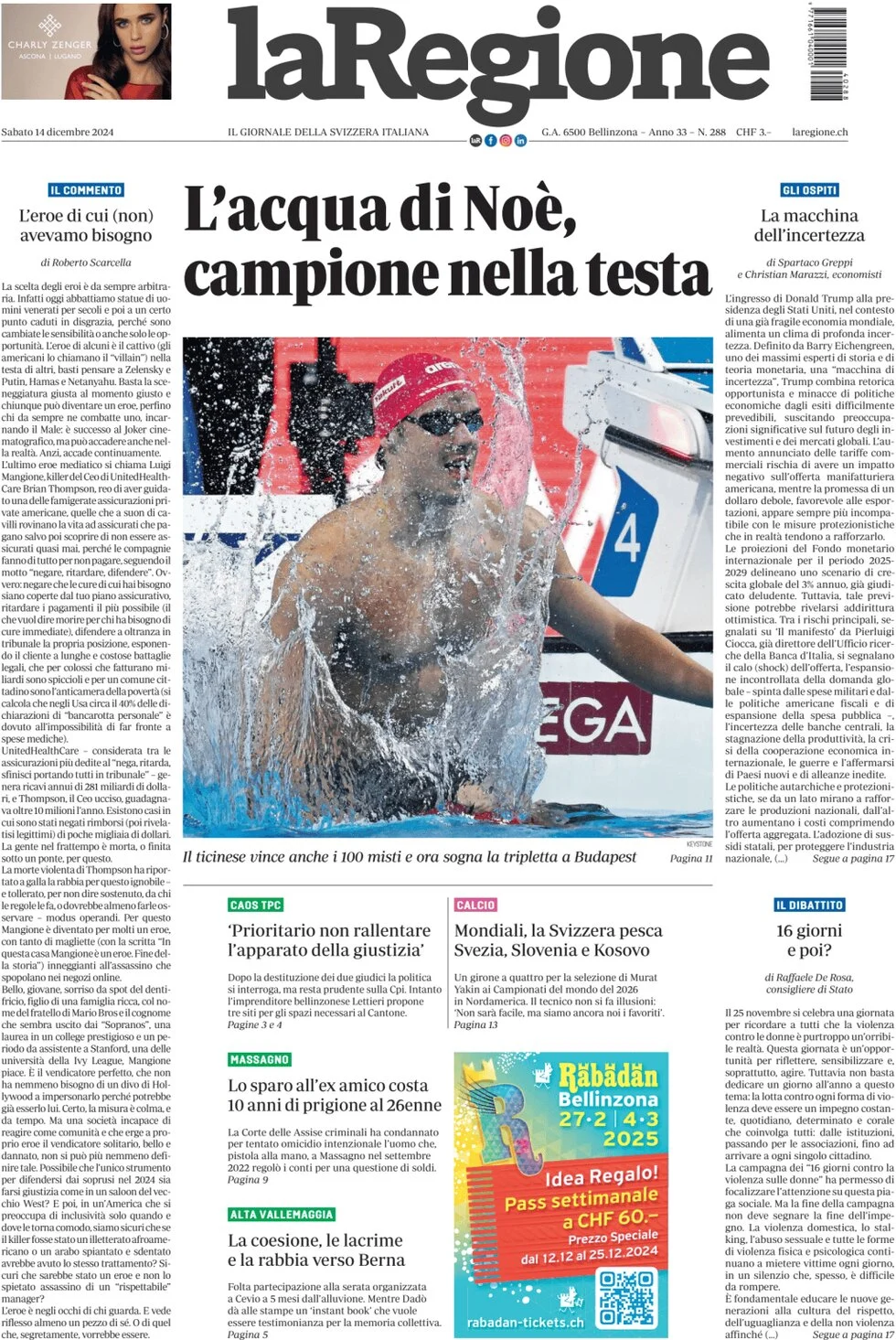 anteprima della prima pagina di la-regione del 14/12/2024
