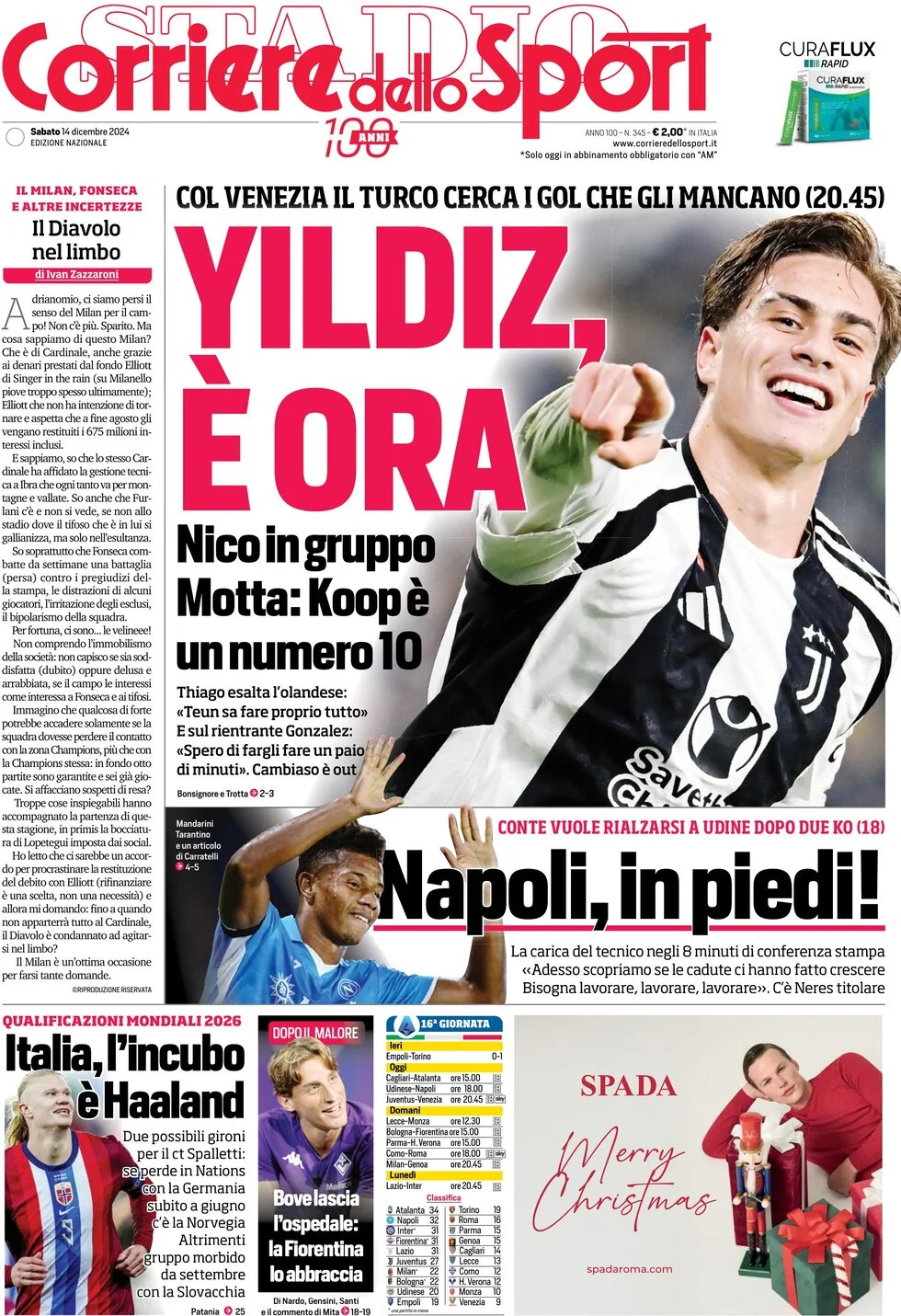 anteprima della prima pagina di corriere-dello-sport del 14/12/2024