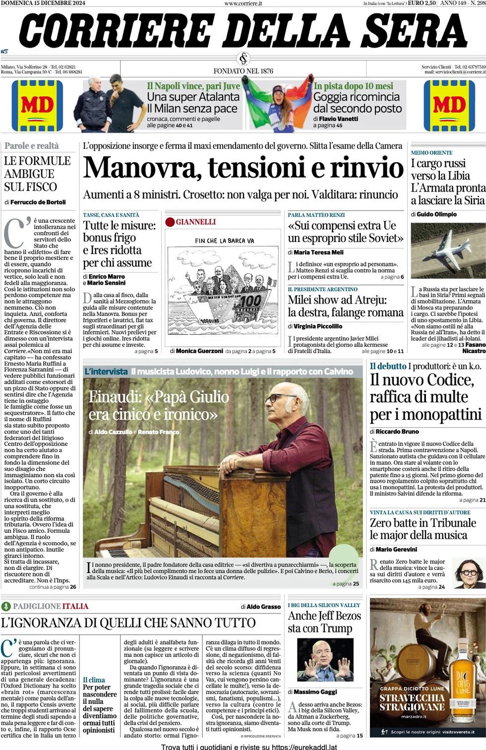 anteprima della prima pagina di corriere-della-sera del 15/12/2024