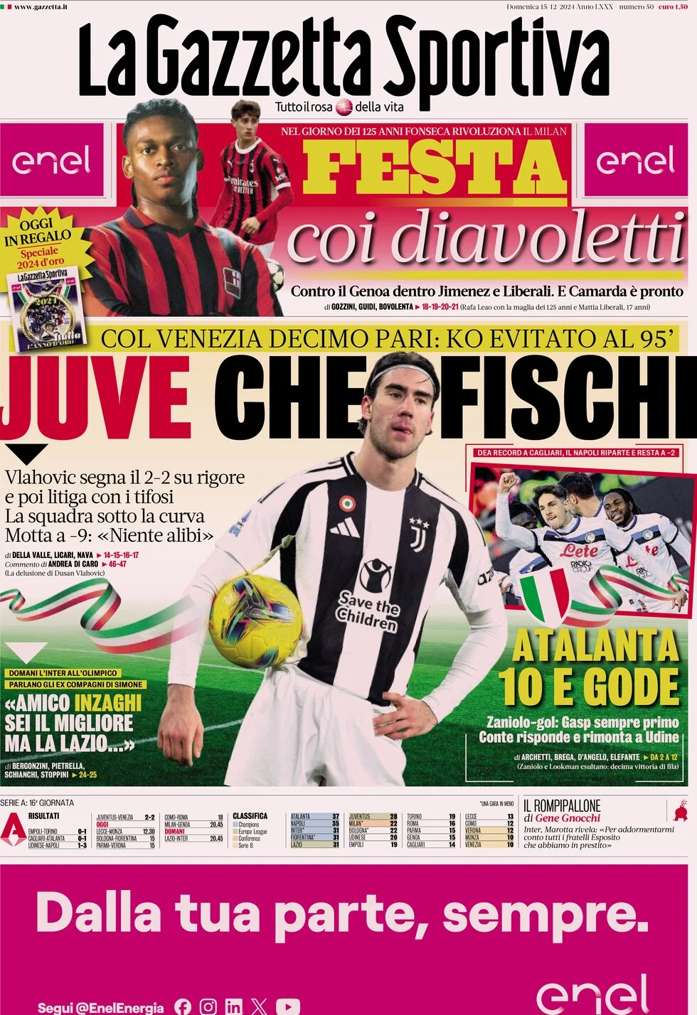 anteprima della prima pagina di la-gazzetta-dello-sport del 15/12/2024
