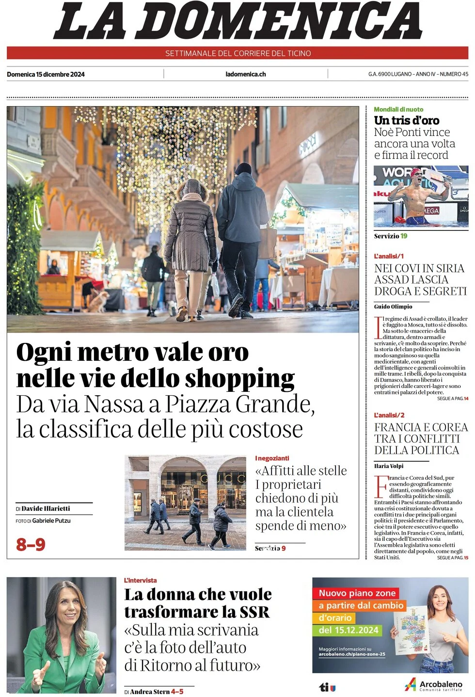 anteprima della prima pagina di corriere-del-ticino del 15/12/2024