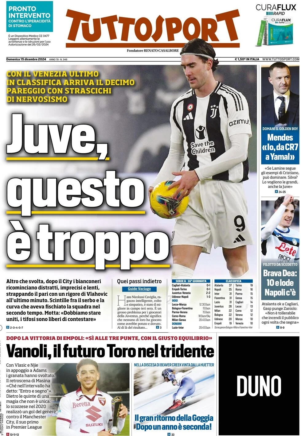 anteprima della prima pagina di tuttosport del 15/12/2024