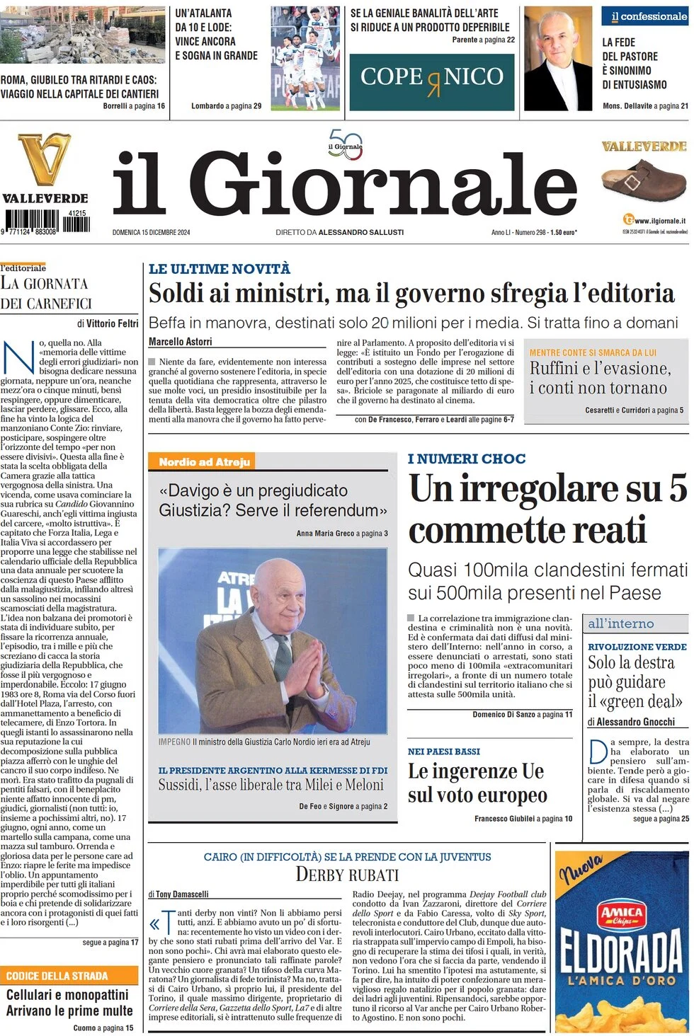 anteprima della prima pagina di il-giornale del 15/12/2024