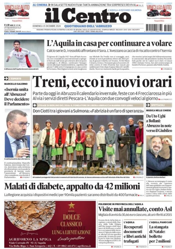 anteprima della prima pagina di il-centro-laquila del 15/12/2024