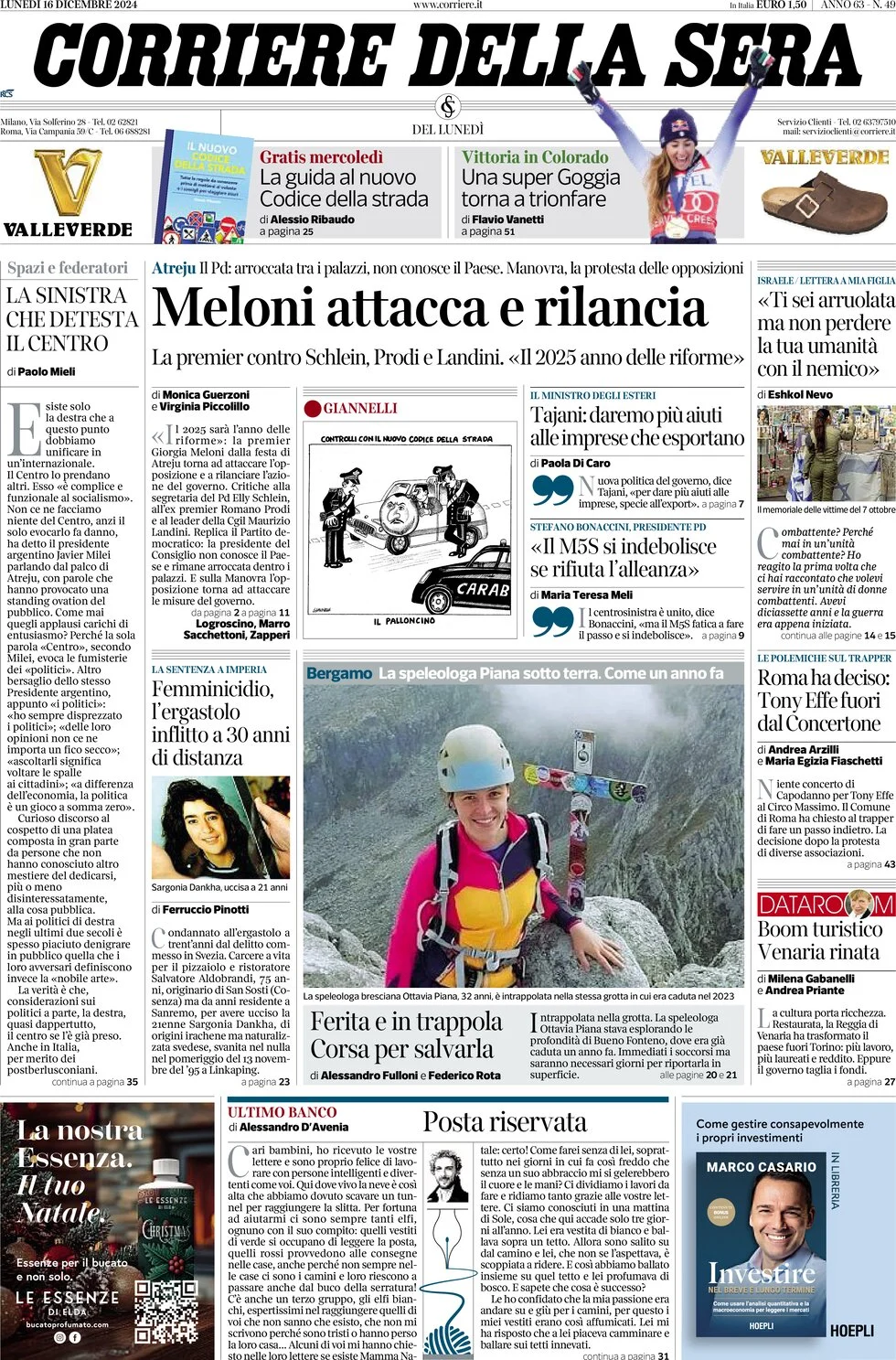 anteprima della prima pagina di corriere-della-sera del 16/12/2024
