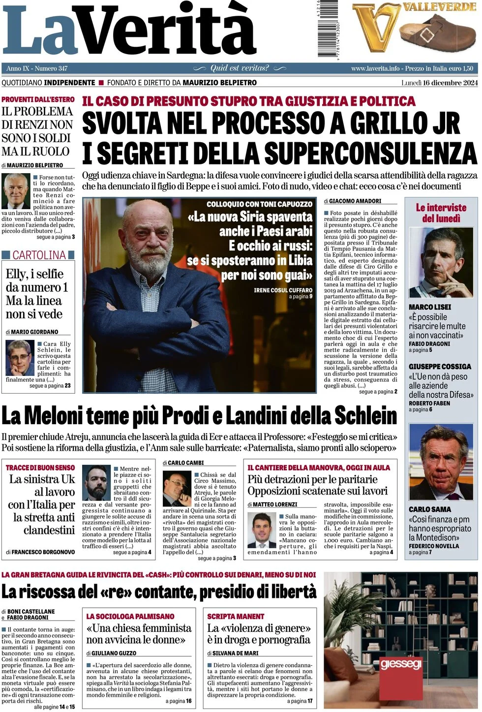 anteprima della prima pagina di la-verit del 16/12/2024