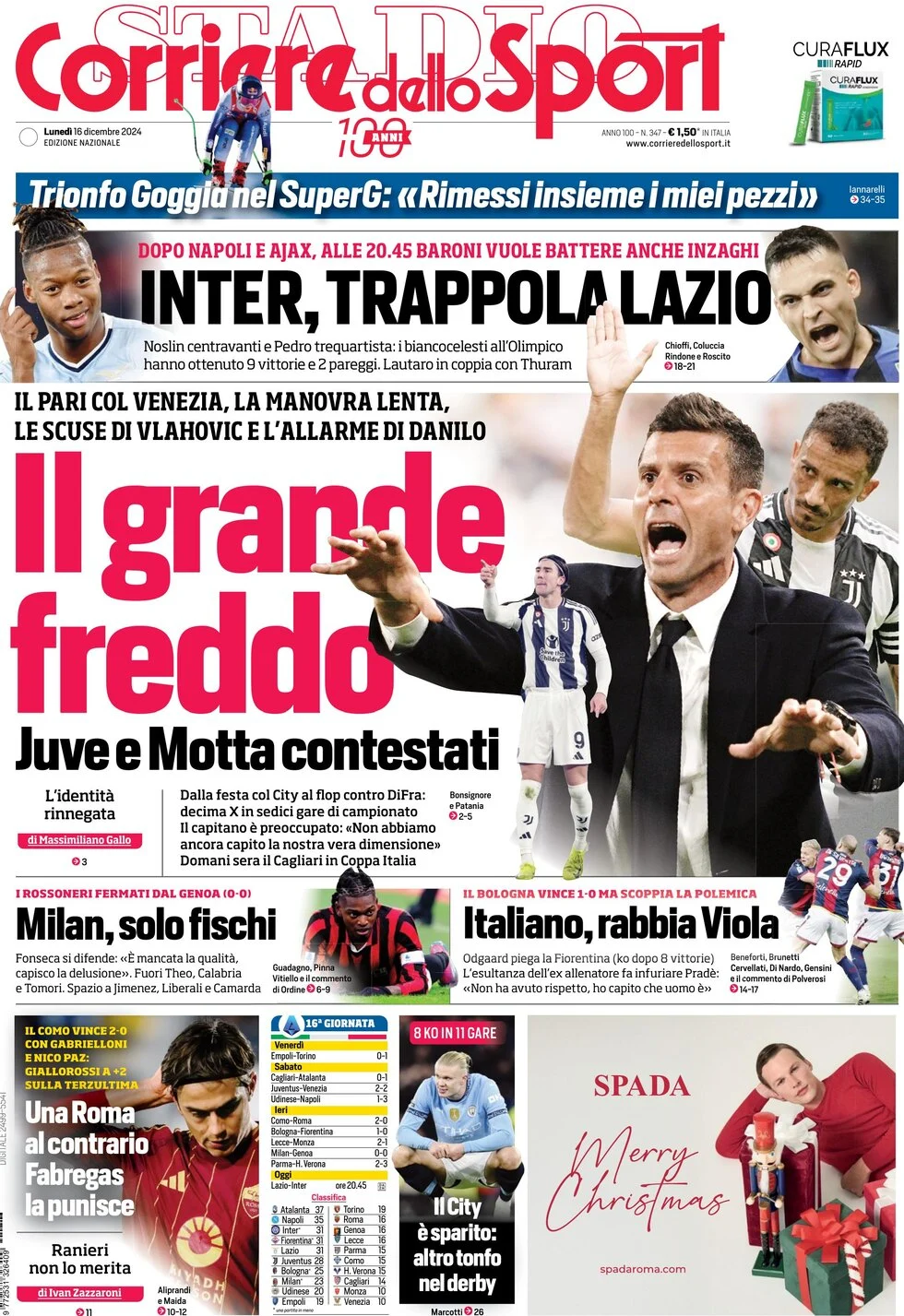 anteprima della prima pagina di corriere-dello-sport del 16/12/2024