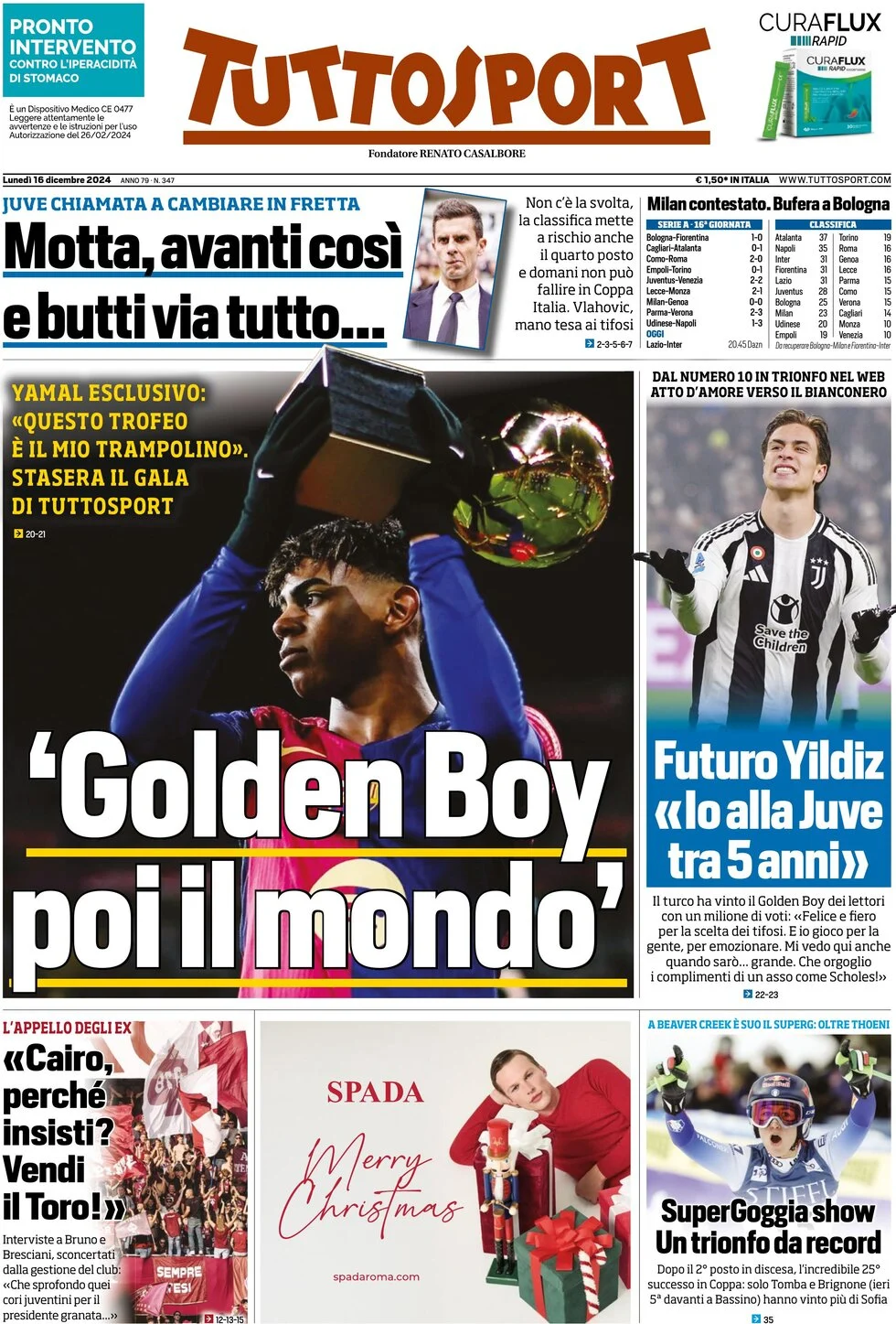 anteprima della prima pagina di tuttosport del 16/12/2024