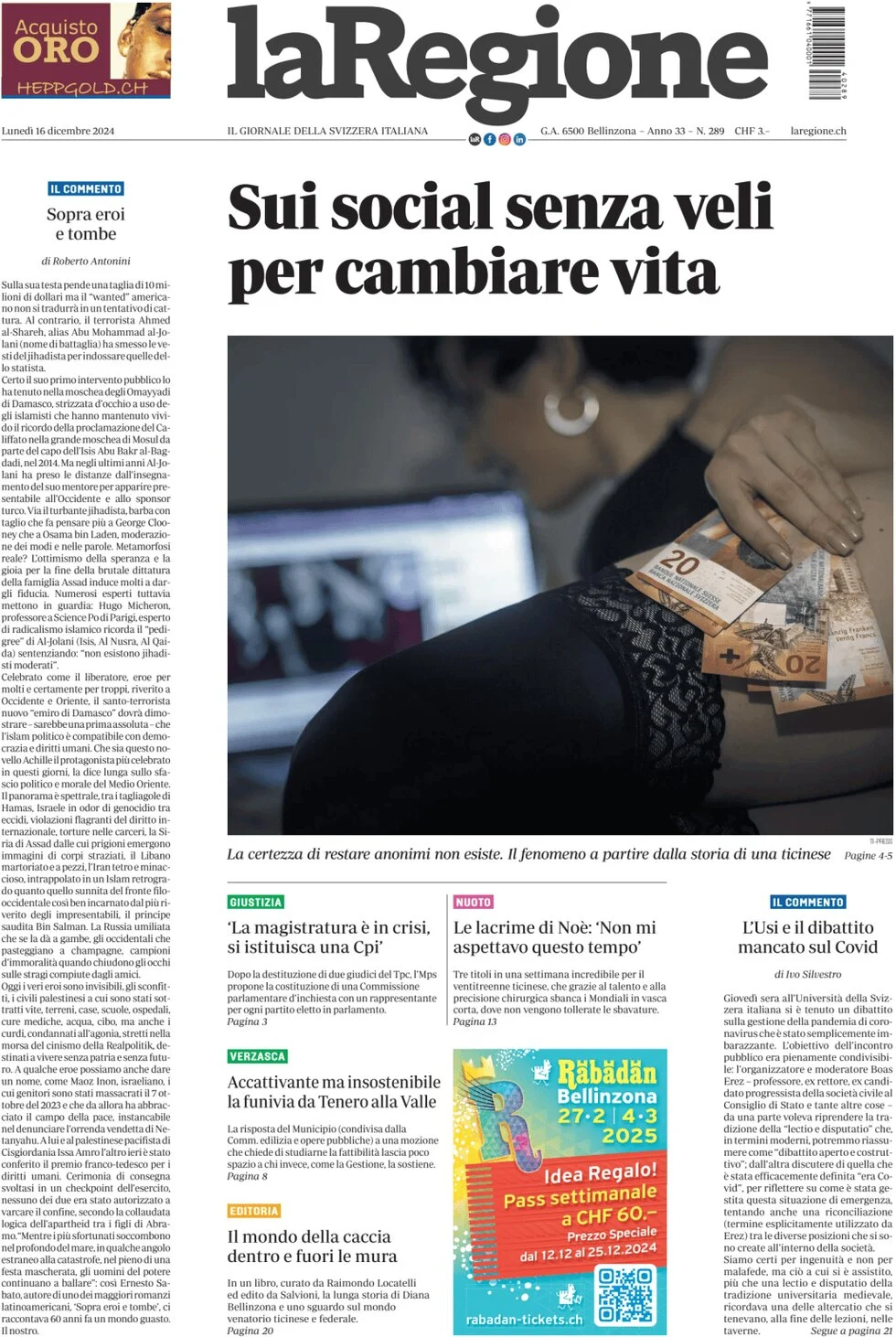 anteprima della prima pagina di la-regione del 16/12/2024
