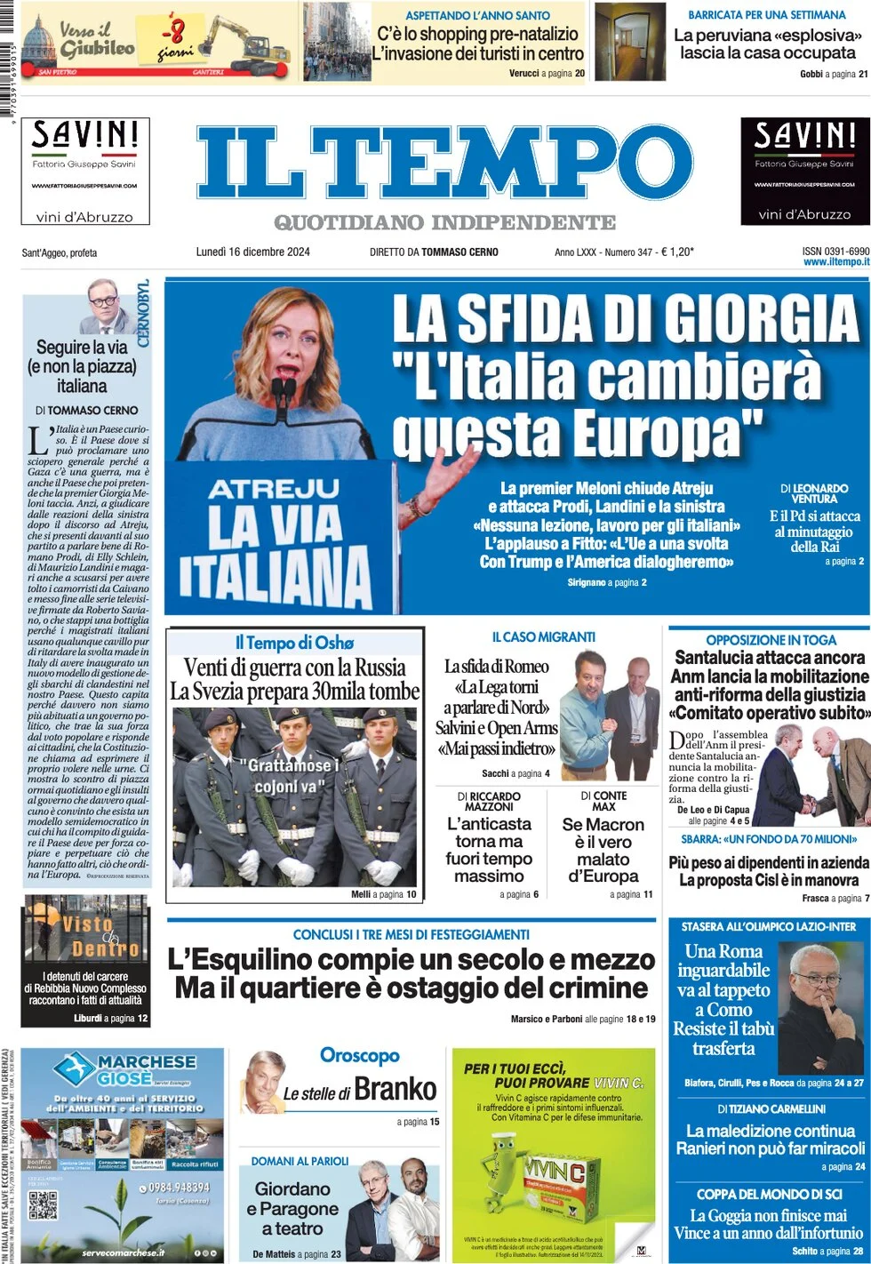 anteprima della prima pagina di il-tempo del 16/12/2024