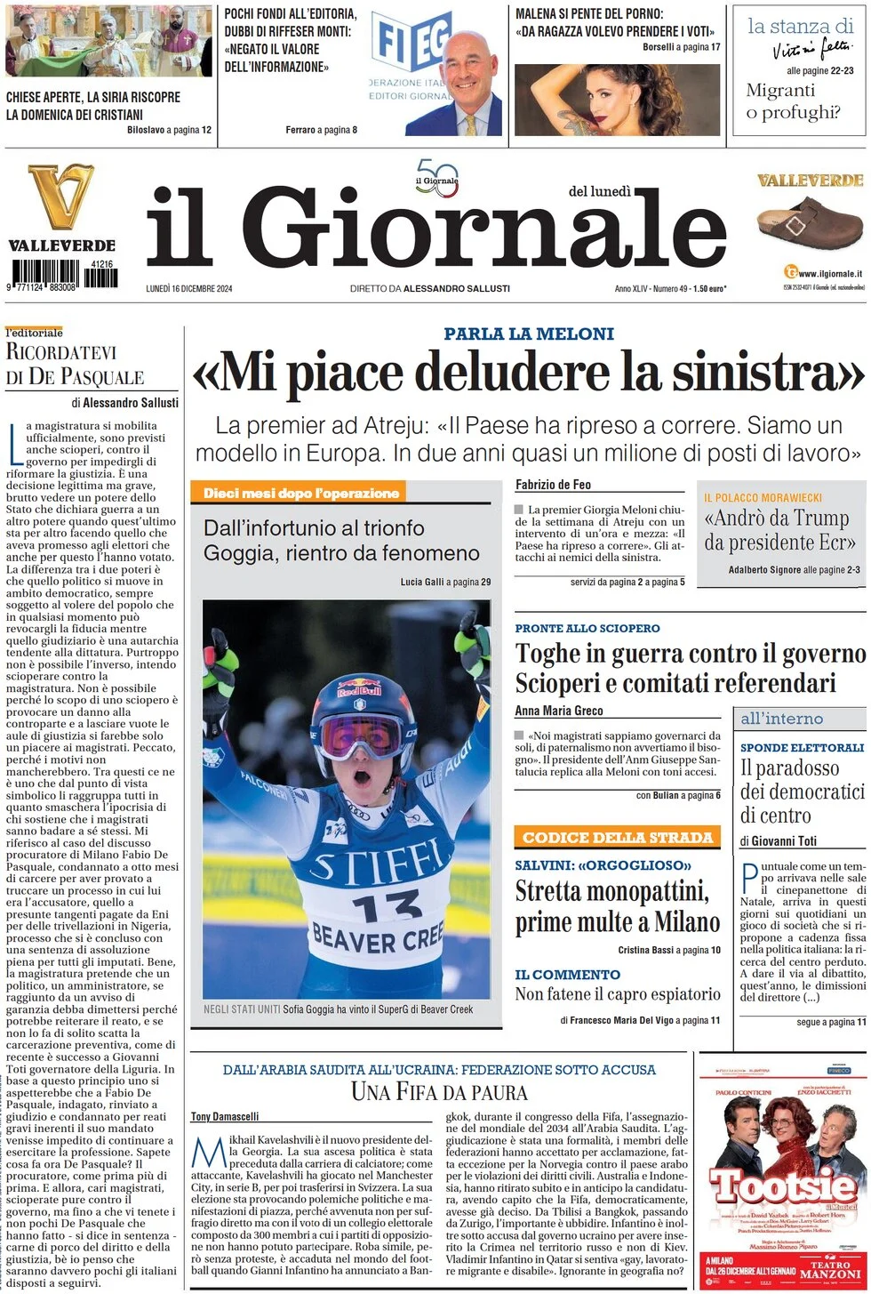 anteprima della prima pagina di il-giornale del 16/12/2024