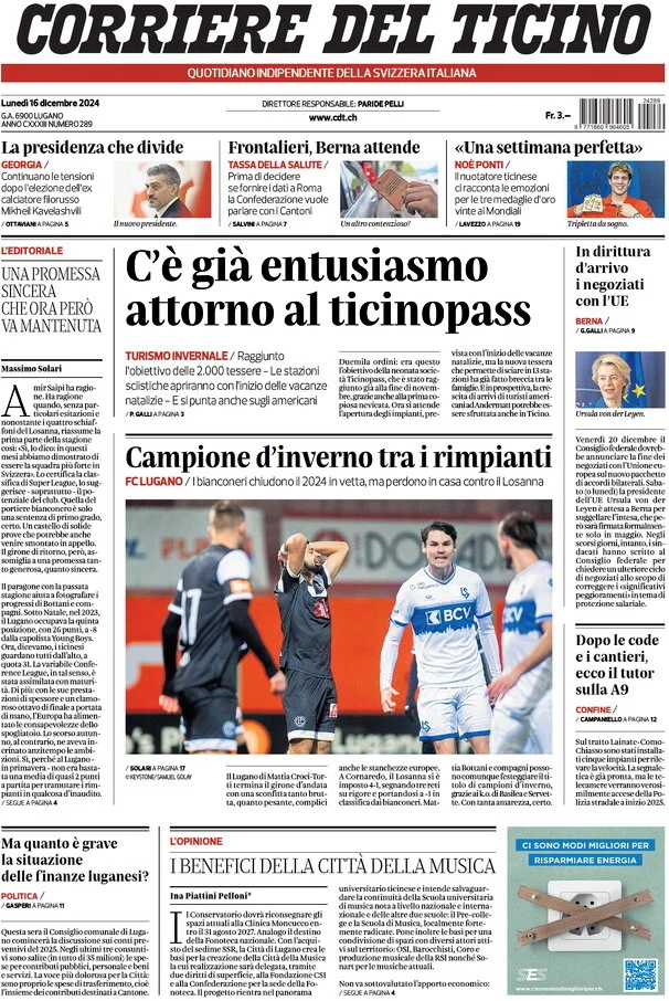 anteprima della prima pagina di corriere-del-ticino del 16/12/2024